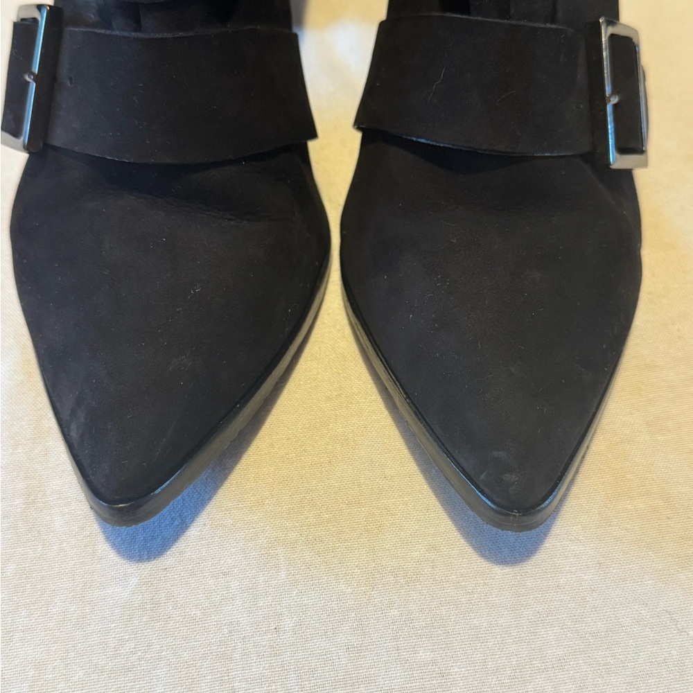 SCHUTZ w 8.5 Black Suede Ankle Boots with Buckles, Block Heel, Pointed Toe - Picture 7 of 13